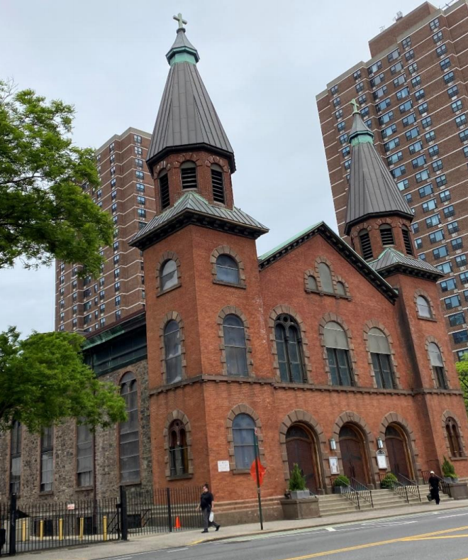 Church of Saint Mary, 438-440 Grand Street. Fieldstone walls from 1833; brick and 
brownstone facade from 1864. (Photo: D.Wye)